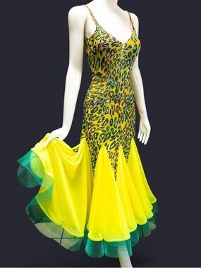 Ballroom Dance Competition Dress Leopard Print Rhinestone with Yellow Skirt